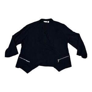 Chicos Traveler Cardigan Women Sz 1 Open Jacket Black 3/4 Sleeve Zip Pocket